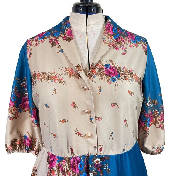 70s Vintage Montgomery Ward Blue, Pink, Tan Floral Polyester Midi Dress Size XL - Picture 4 of 6